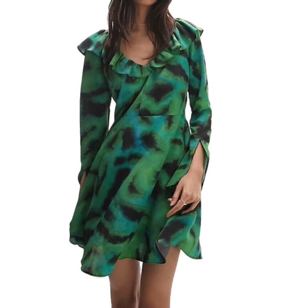 Topshop Tea Dress Animal Print Long Sleeve Ruffle V-Neck A-Line Mini Green NWT 2
